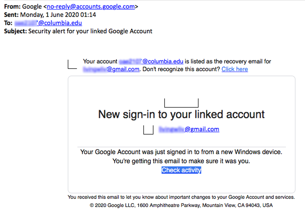 Security Alert for your linked Google Account | CUIMC Information